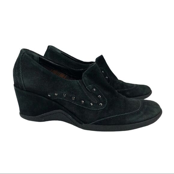 Aquatalia Greenish black Suede Leather Studded Wedge Loafers 8.5 Western - Picture 2 of 12